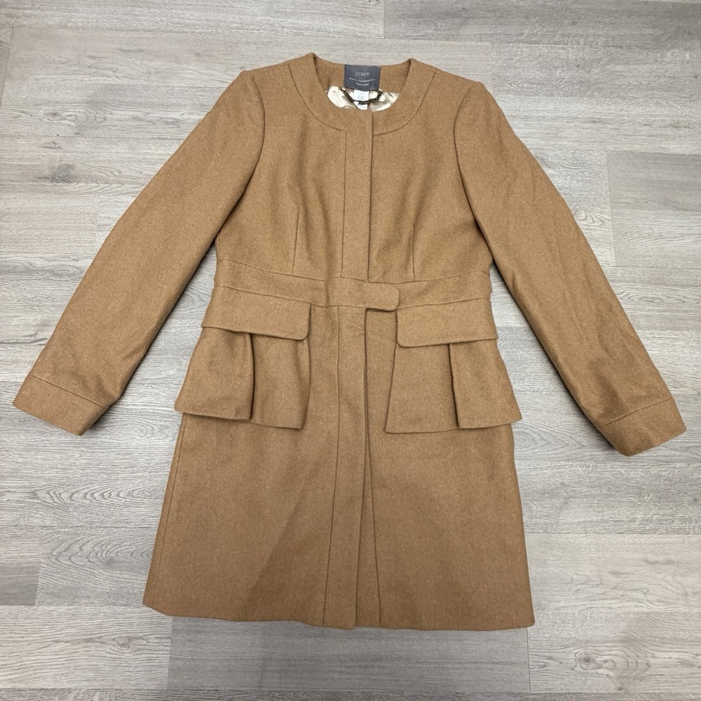 J.Crew Nello Gori Wool Cashmere Blend Peplum Long Coat Womens 6 Camel Brown - Picture 2 of 11